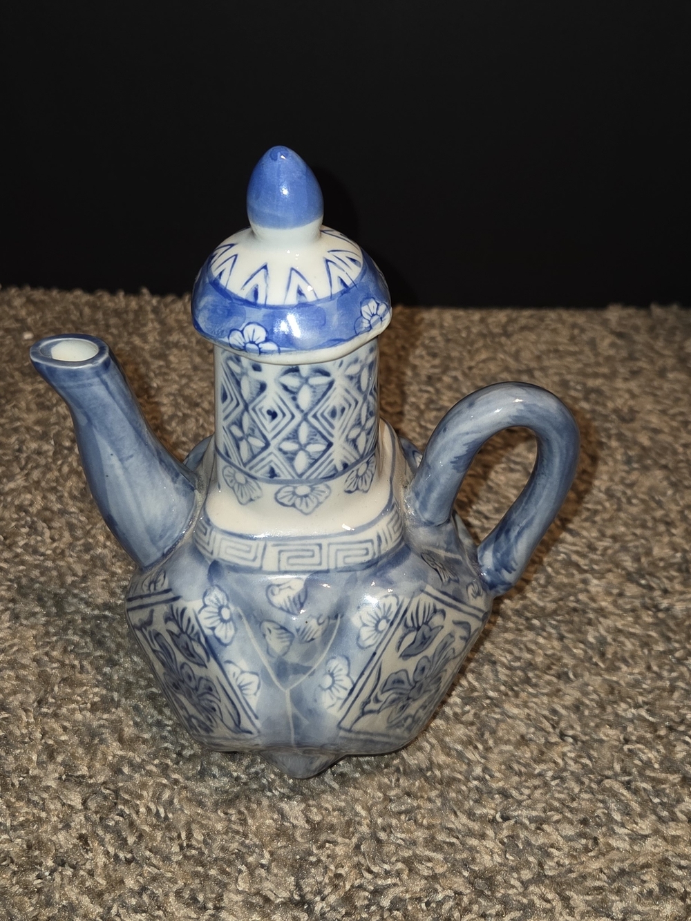 Blue and White Ceramic Teapot - Floral Pattern Home Art
